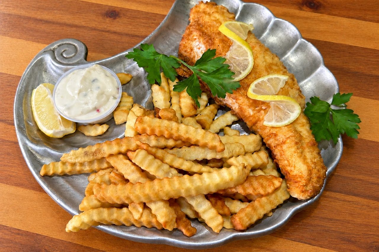 A golden fried fish fillet with crinkle-cut fries, lemon, and tartar sauce